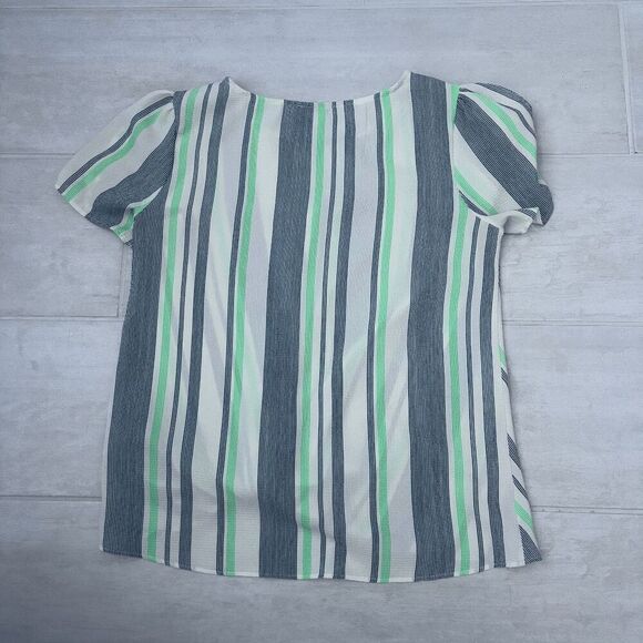 Chenault Blouse Short Sleeve Top Vertical Stripes Front Twist PS Green Blue - Picture 2 of 5